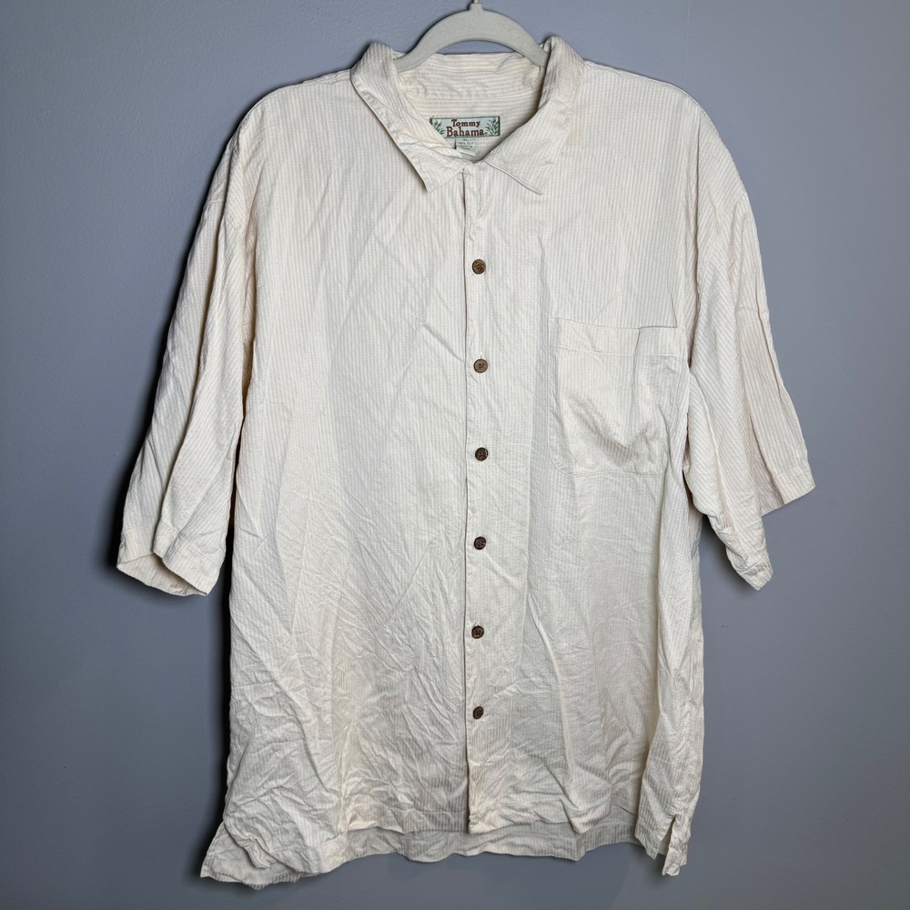 Tommy Bahama Mens XL Silk Button Up Shirt Cream Striped Short Sleeve Pocket